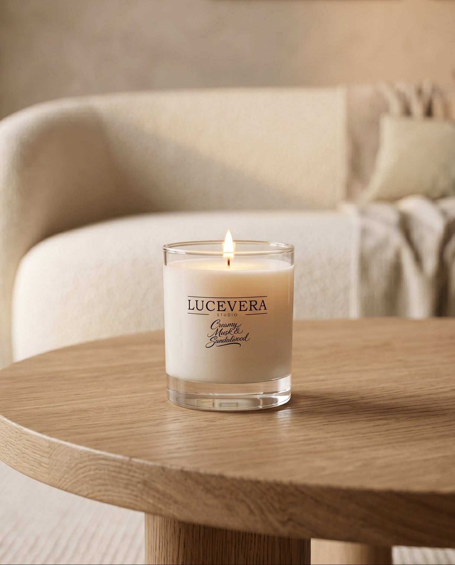 Lucevera candle on a wooden table with a cozy living room background