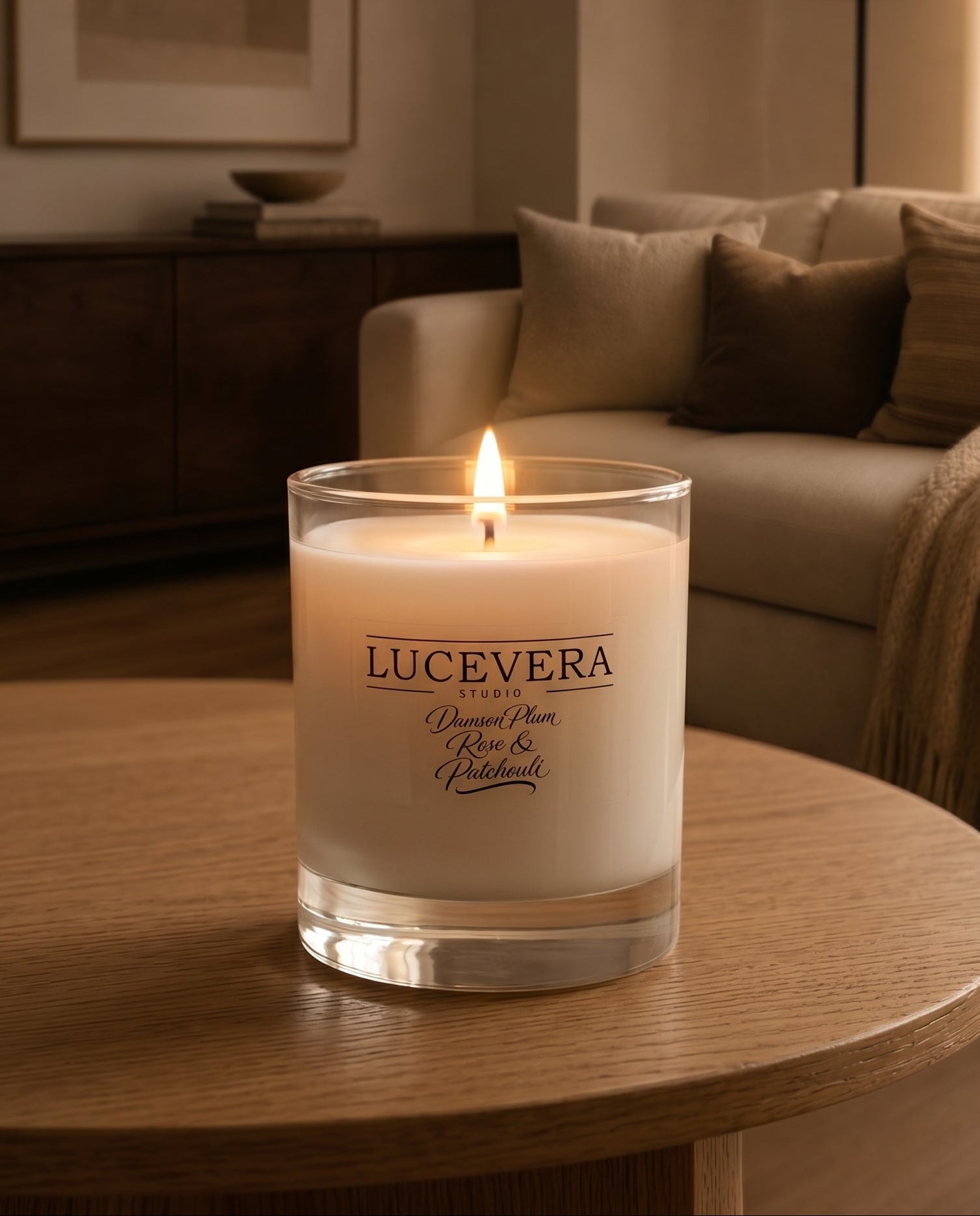 Lucevera candle on a wooden table in a cozy living room setting