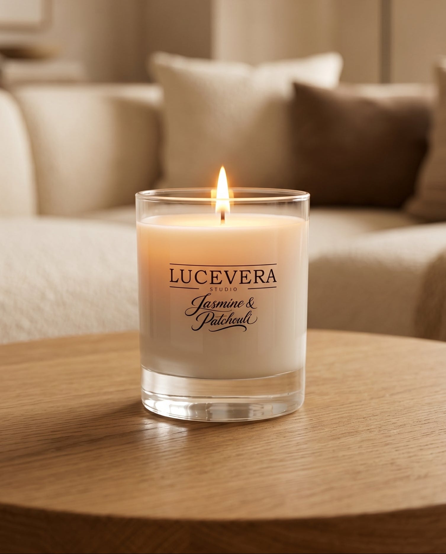Lucevera candle on a wooden table with a blurred living room background