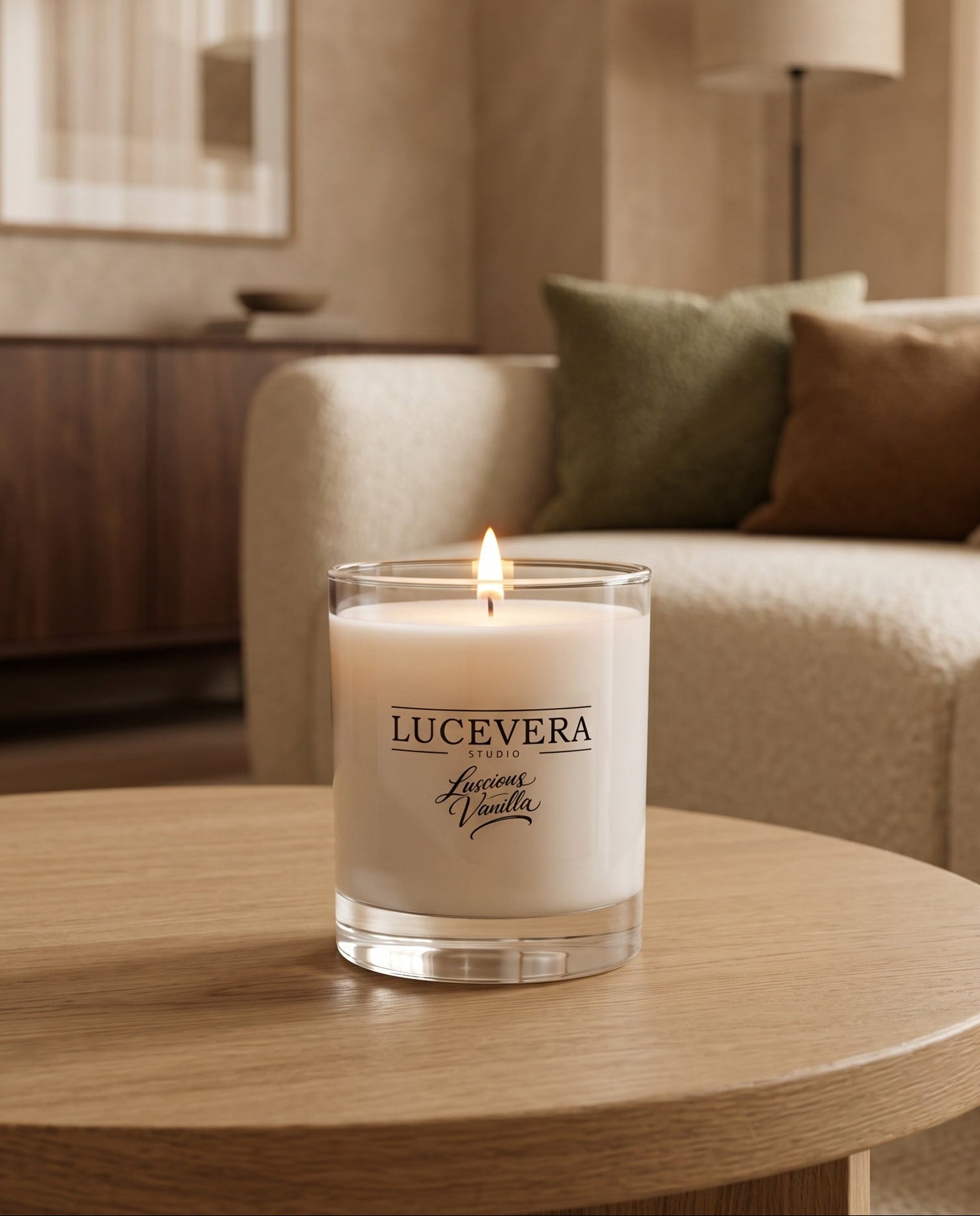 Lucevera candle on a wooden table in a living room setting