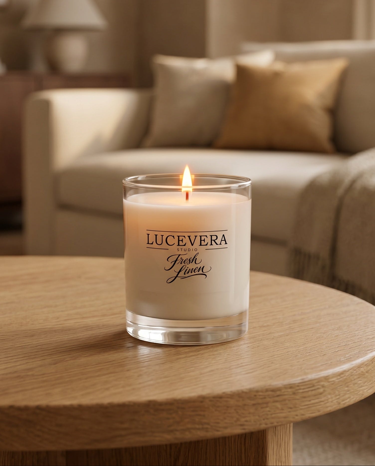 Lucevera candle on a wooden table in a cozy living room setting