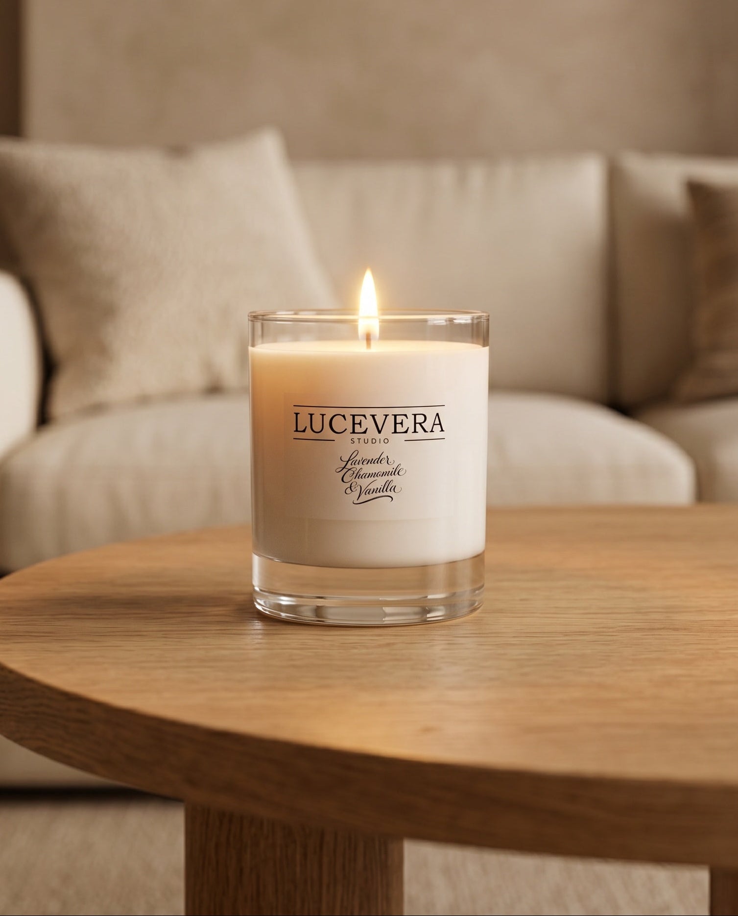 Lucevera candle on a wooden table with a blurred sofa in the background