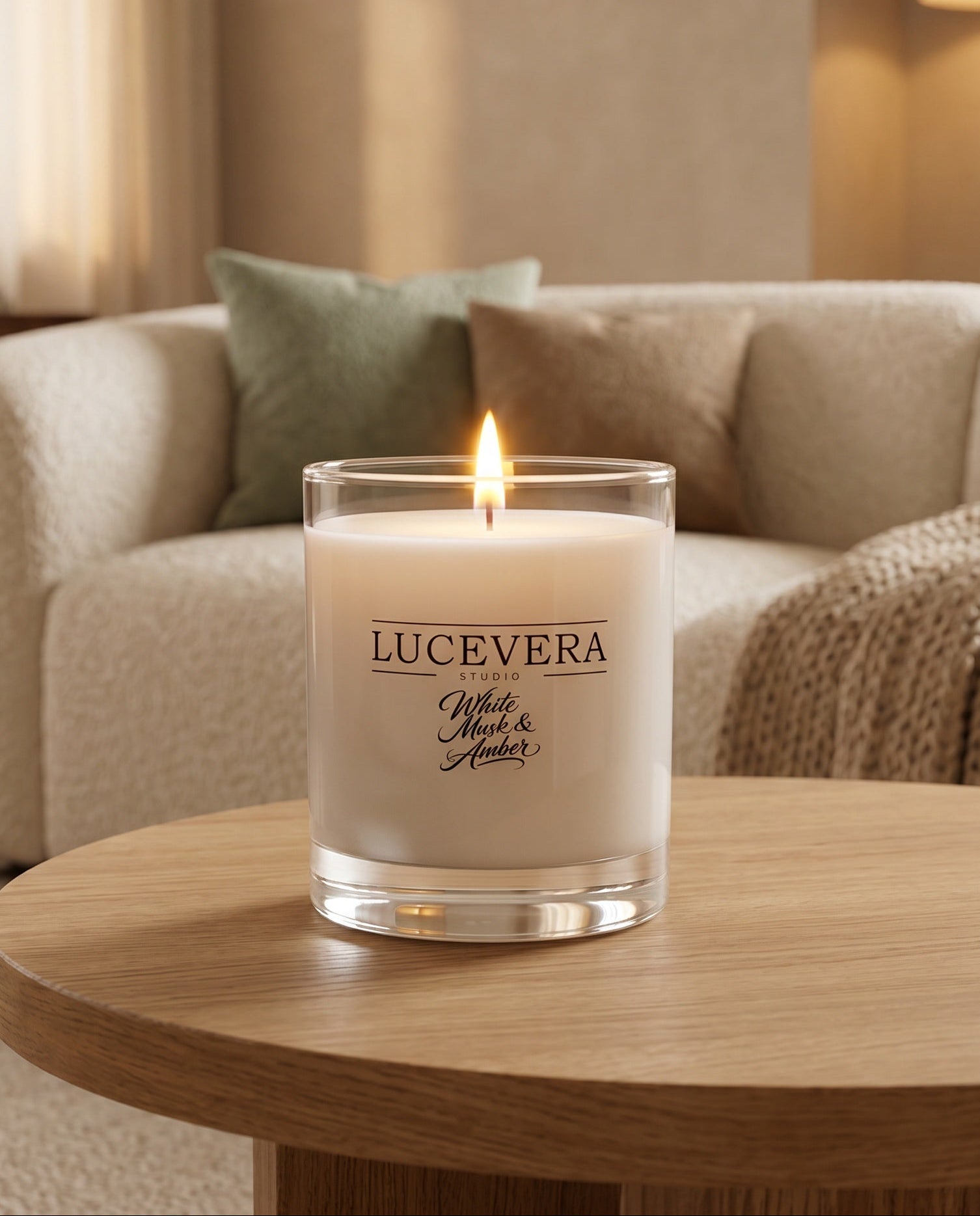 Lucevera candle on a wooden table with a cozy living room background