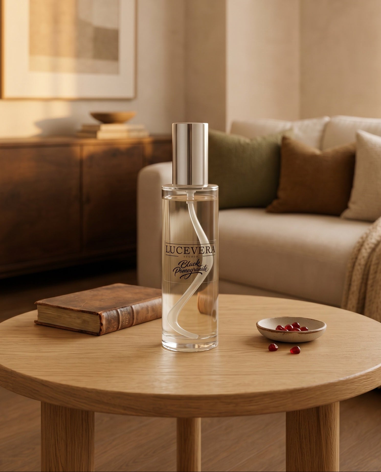 A clear rectangular perfume bottle with a silver cap stands on a round light wood table in a softly lit living room. The bottle label reads 'Lucevera' and 'Black Pomegranate'.